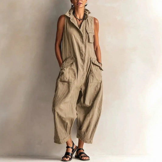 Sleeveless Button Front Cargo Jumpsuit in Beige