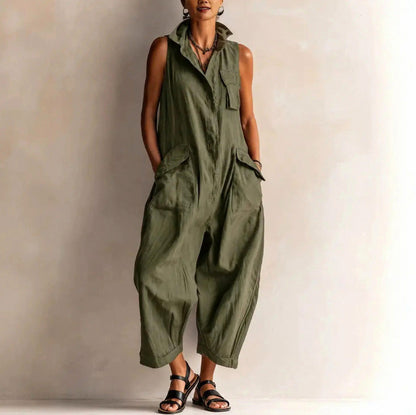 Sleeveless Button Front Cargo Jumpsuit in Green