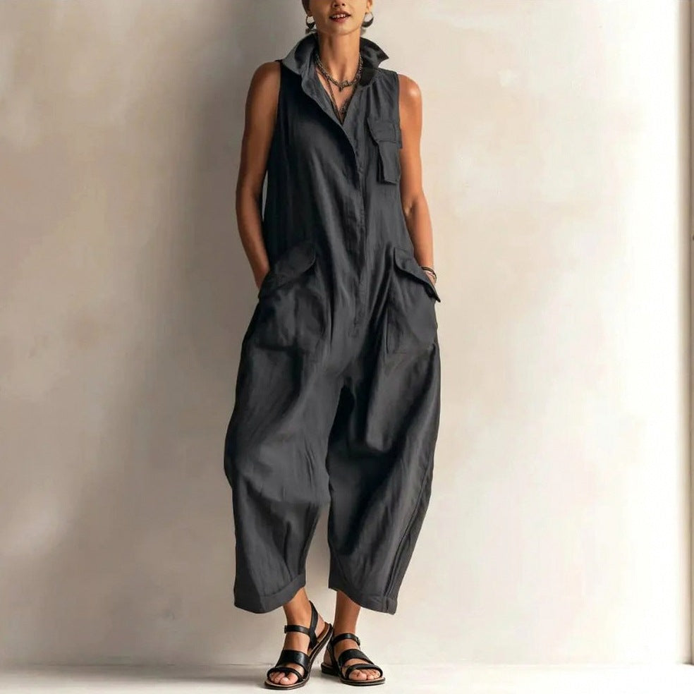 Sleeveless Button Front Cargo Jumpsuit in Gray
