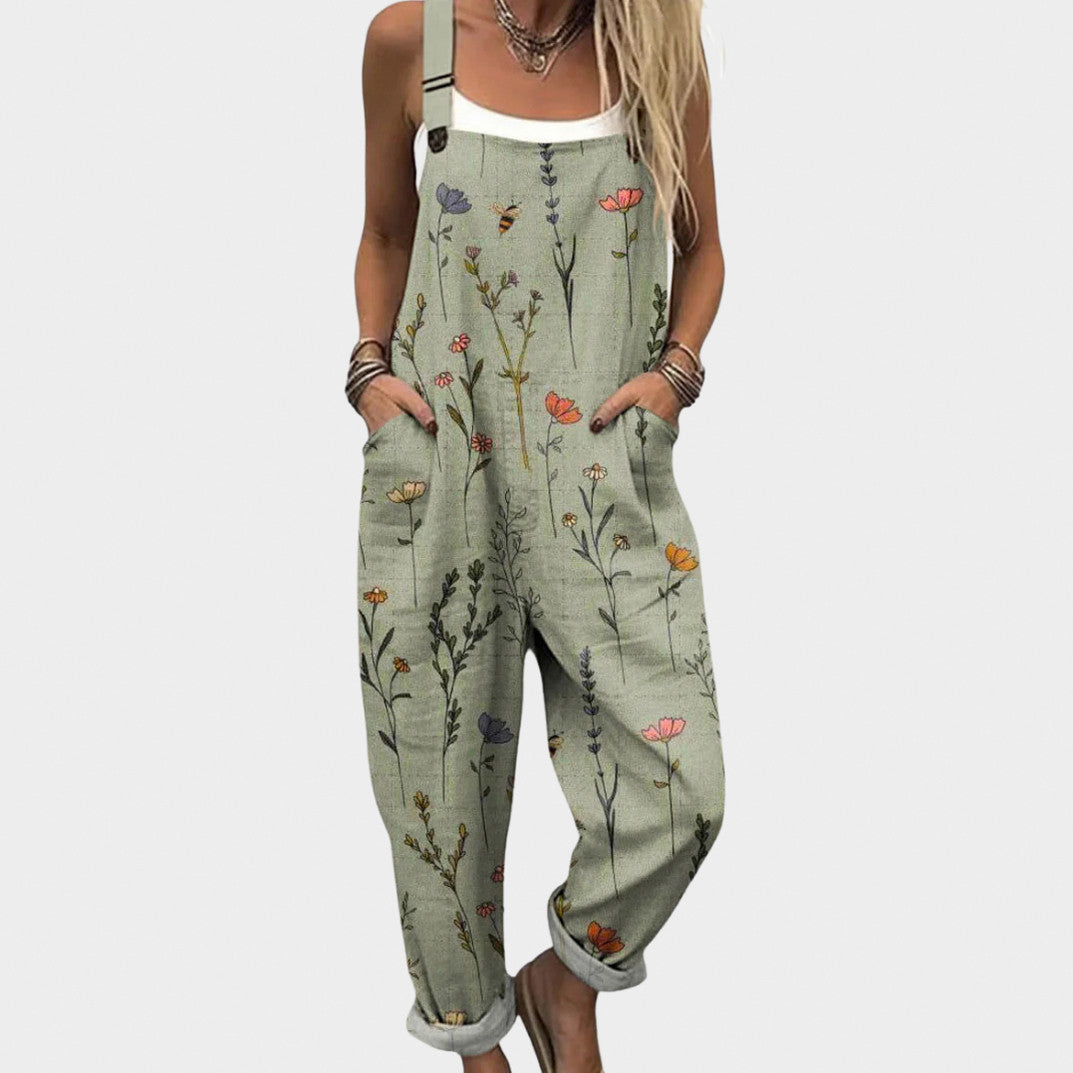 Poplin Floral Square Neck Jumpsuit in Green