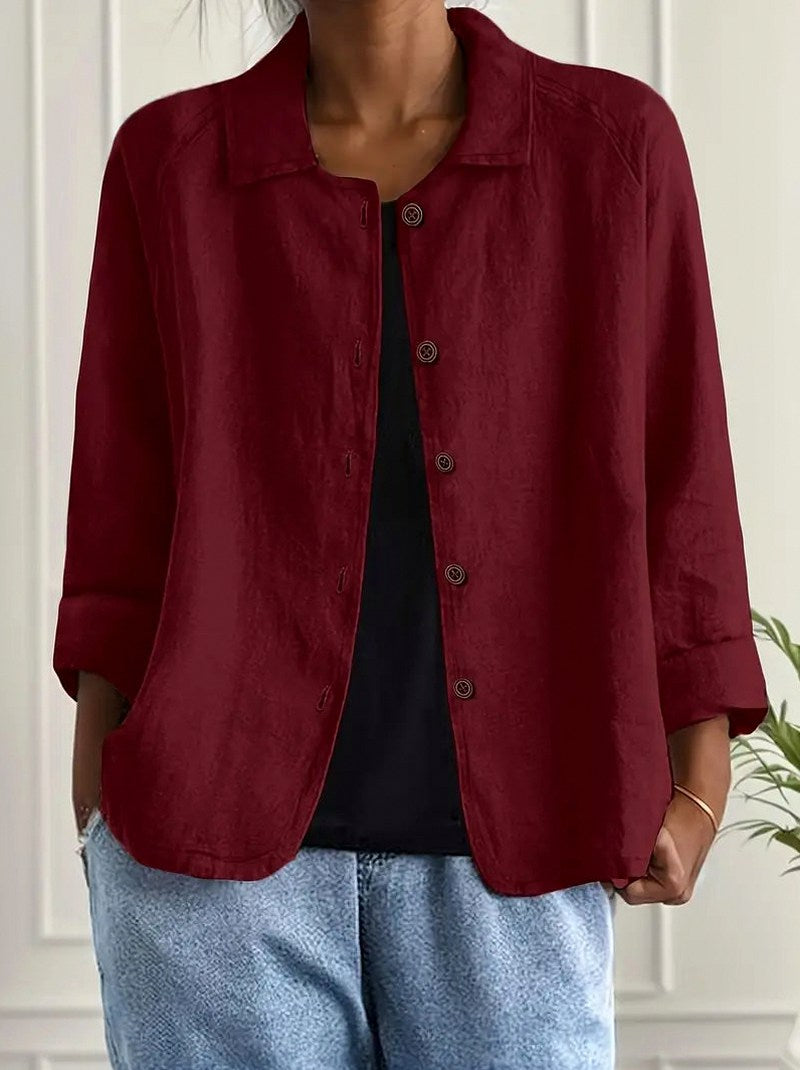 Textured 3/4 Sleeve Button Down Shirt in Crimson