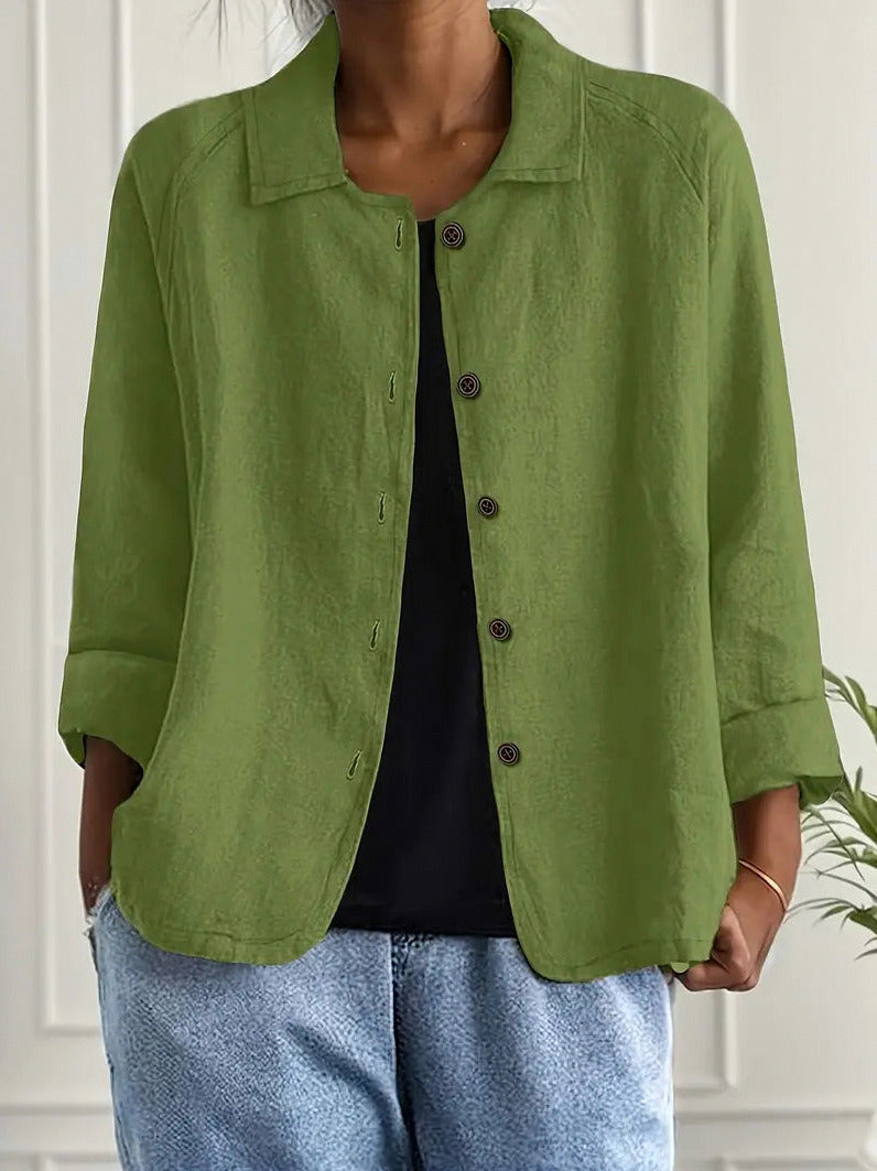 Textured 3/4 Sleeve Button Down Shirt in Green