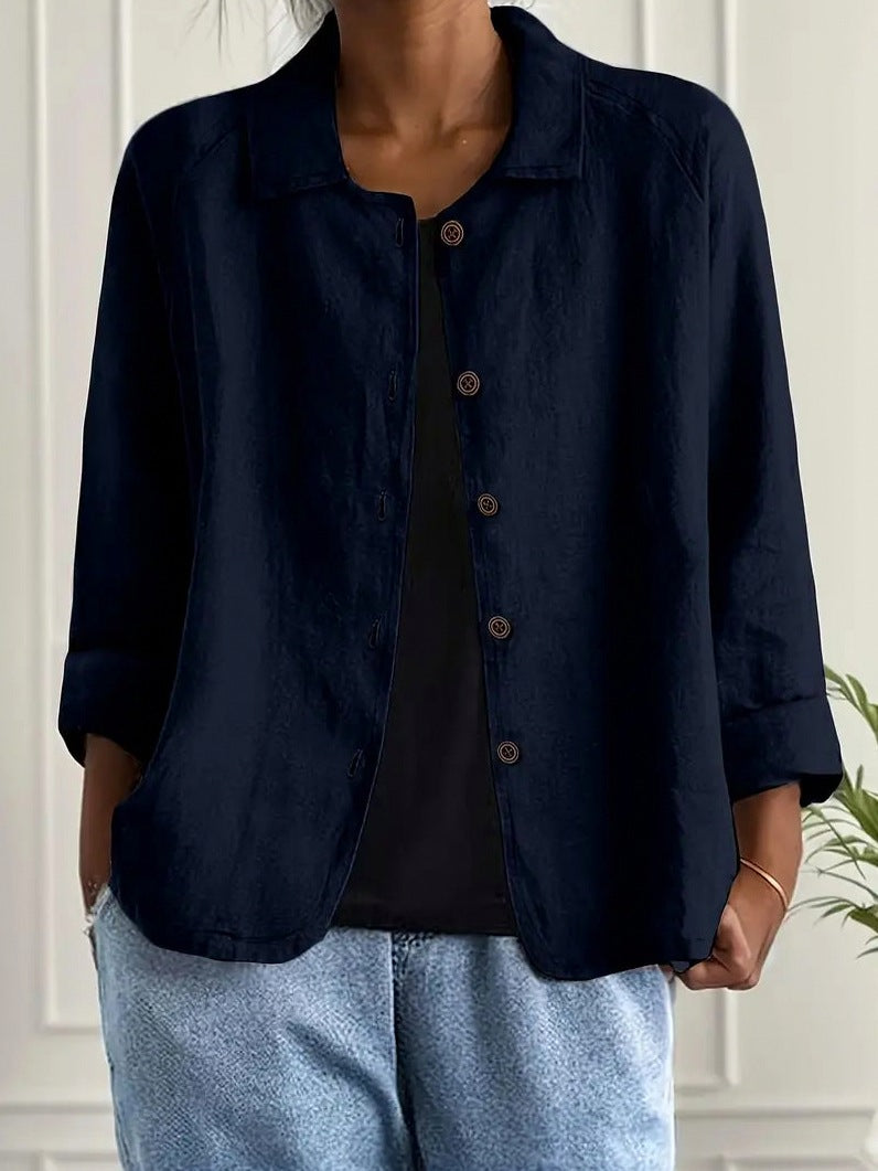 Textured 3/4 Sleeve Button Down Shirt in Navy Blue