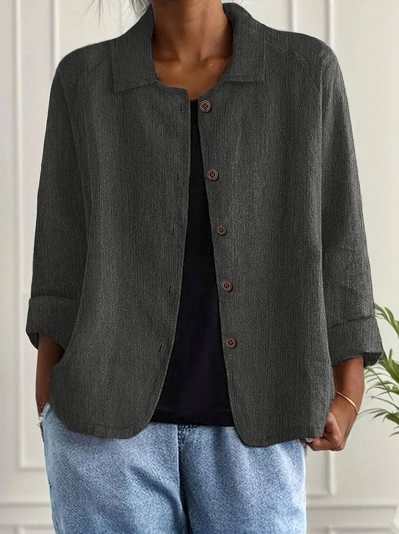 Textured 3/4 Sleeve Button Down Shirt in Dark Gray