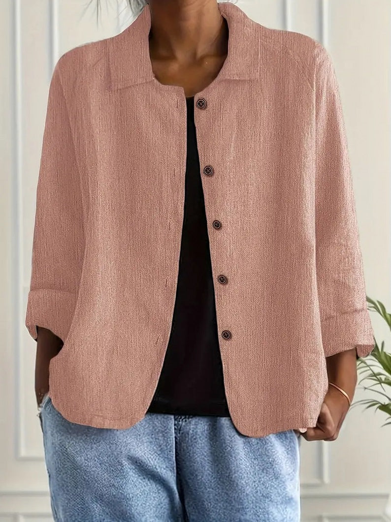 Textured 3/4 Sleeve Button Down Shirt in Pink