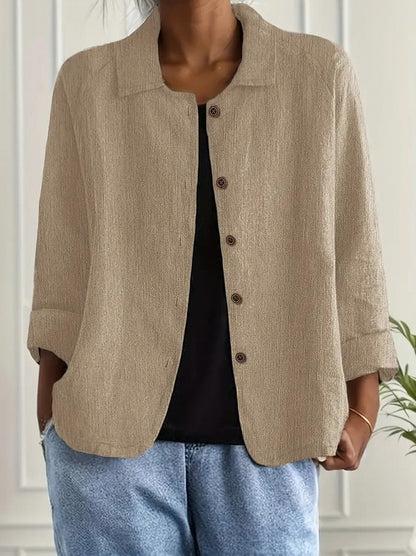 Textured 3/4 Sleeve Button Down Shirt in Khaki