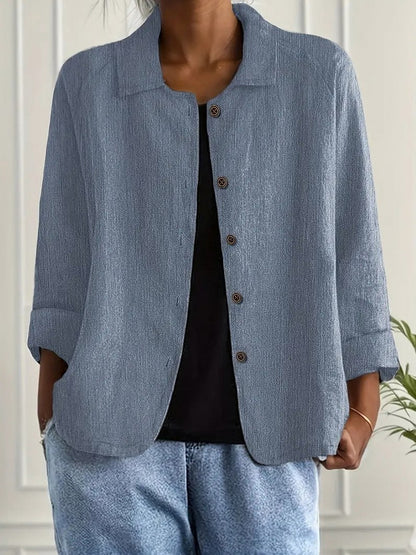 Textured 3/4 Sleeve Button Down Shirt in Blue