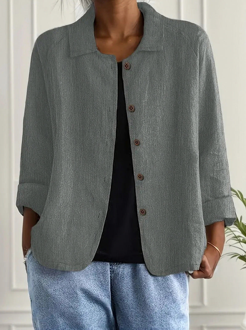 Textured 3/4 Sleeve Button Down Shirt in Gray