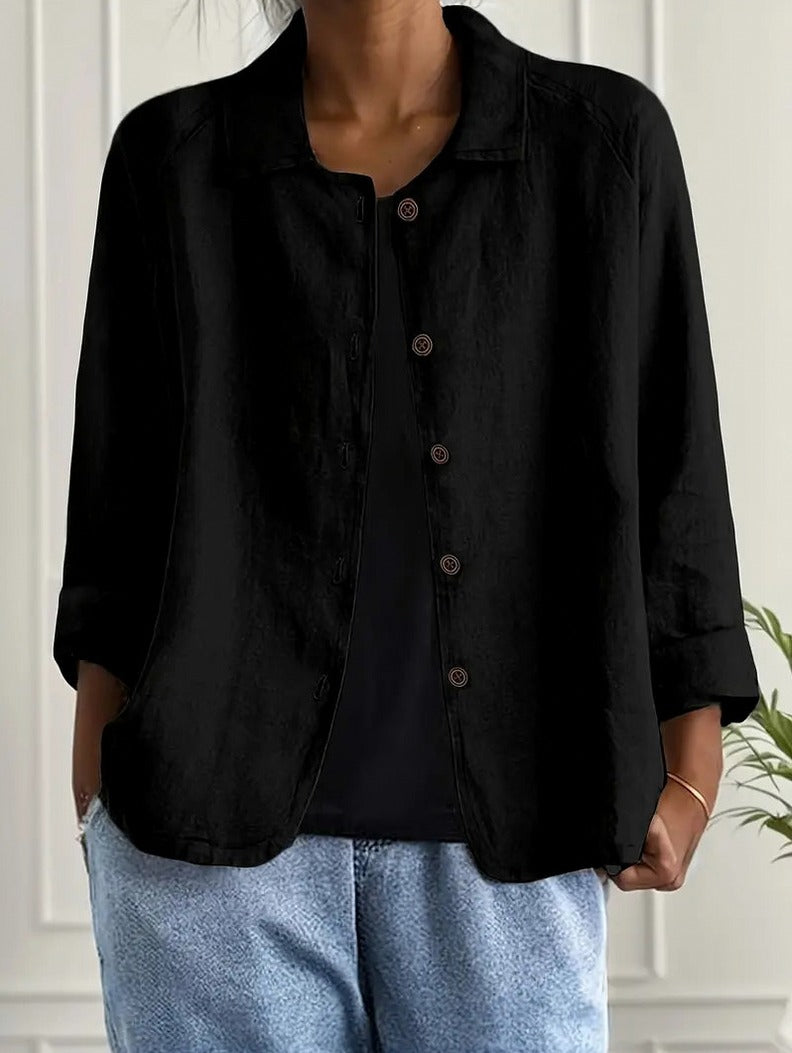 Textured 3/4 Sleeve Button Down Shirt in Black