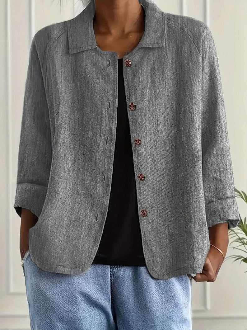 Textured 3/4 Sleeve Button Down Shirt in Light Gray