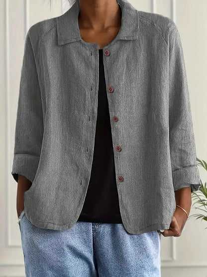 Textured 3/4 Sleeve Button Down Shirt in Light Gray