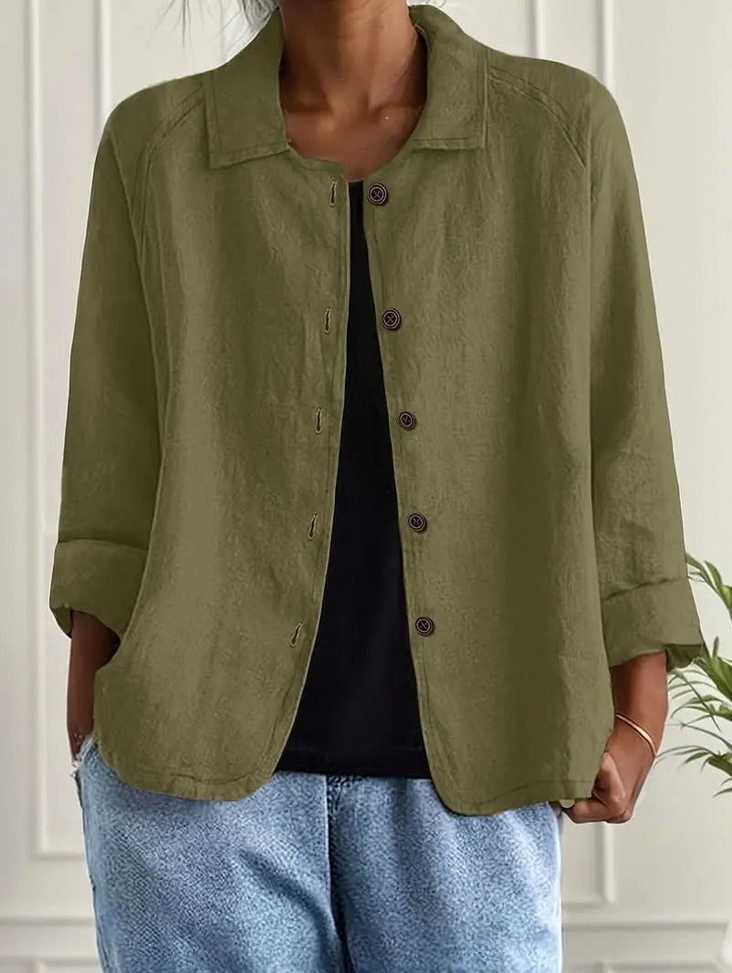 Textured 3/4 Sleeve Button Down Shirt in Olive