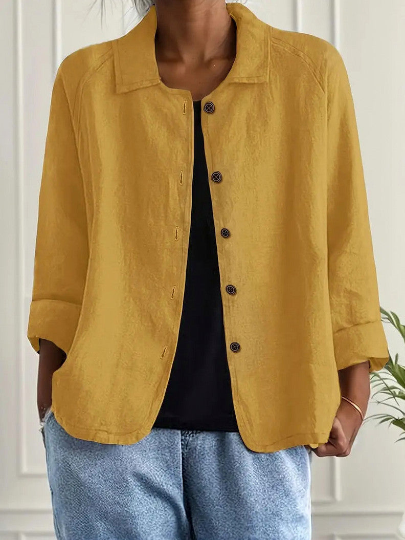 Textured 3/4 Sleeve Button Down Shirt in Yellow
