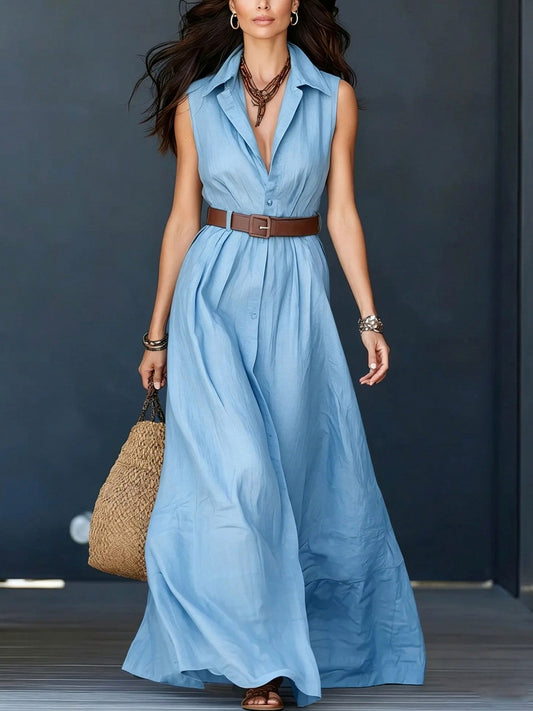 Sleeveless Button Front Maxi Shirt Dress in Sky Blue