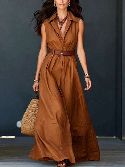 Sleeveless Button Front Maxi Shirt Dress in Light Brown