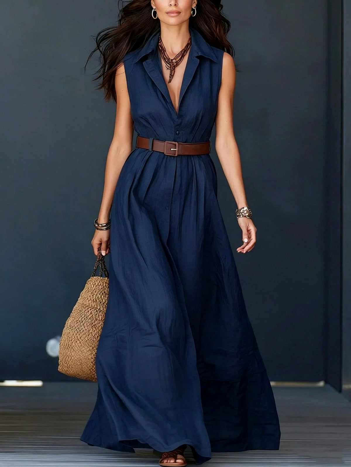 Sleeveless Button Front Maxi Shirt Dress in Navy Blue