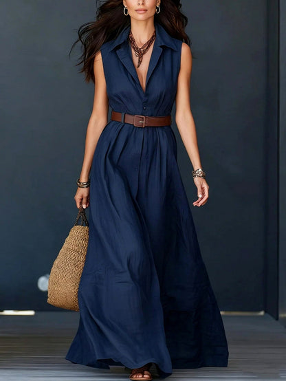 Sleeveless Button Front Maxi Shirt Dress in Navy Blue