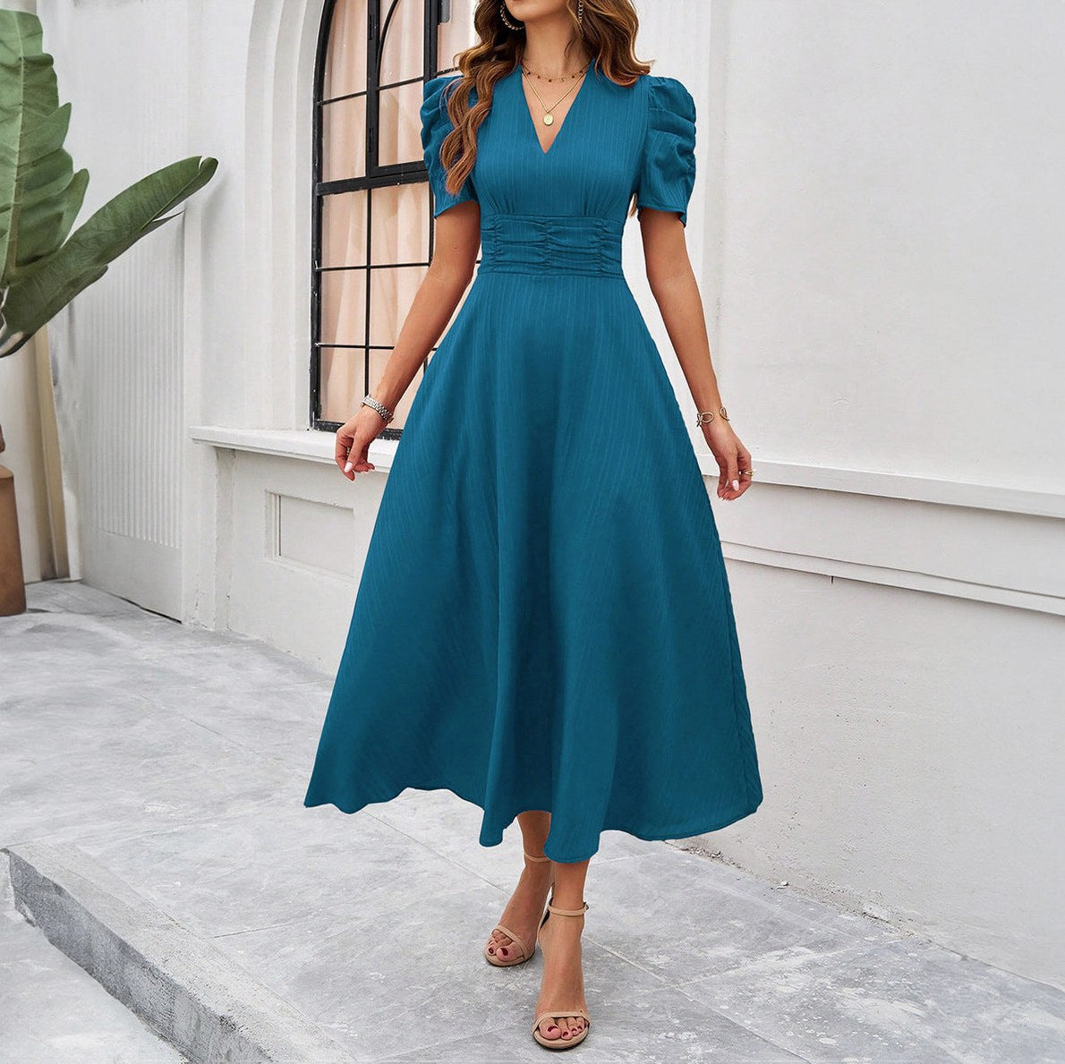 Puff Sleeve Ruched Midi Dress in Indigo
