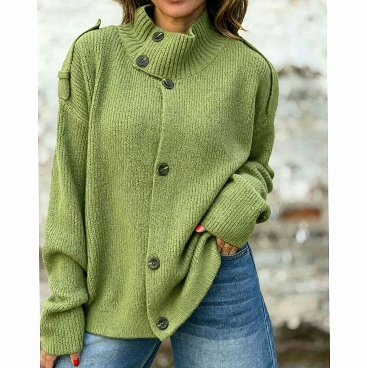 Ribbed Asymmetrical Button Turtleneck Cardigan in Green