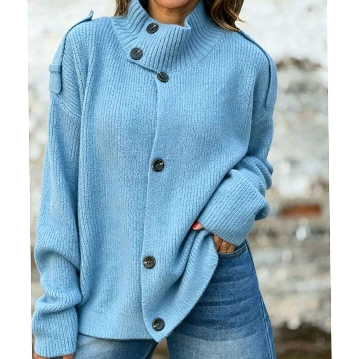 Ribbed Asymmetrical Button Turtleneck Cardigan in Blue