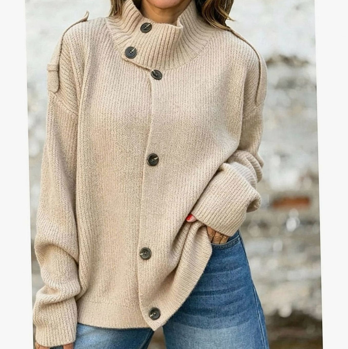 Ribbed Asymmetrical Button Turtleneck Cardigan in Apricot