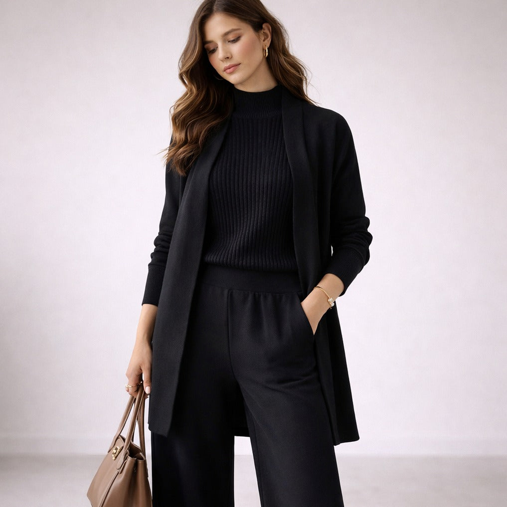 Ribbed Knit Three Piece Cardigan Set in Black
