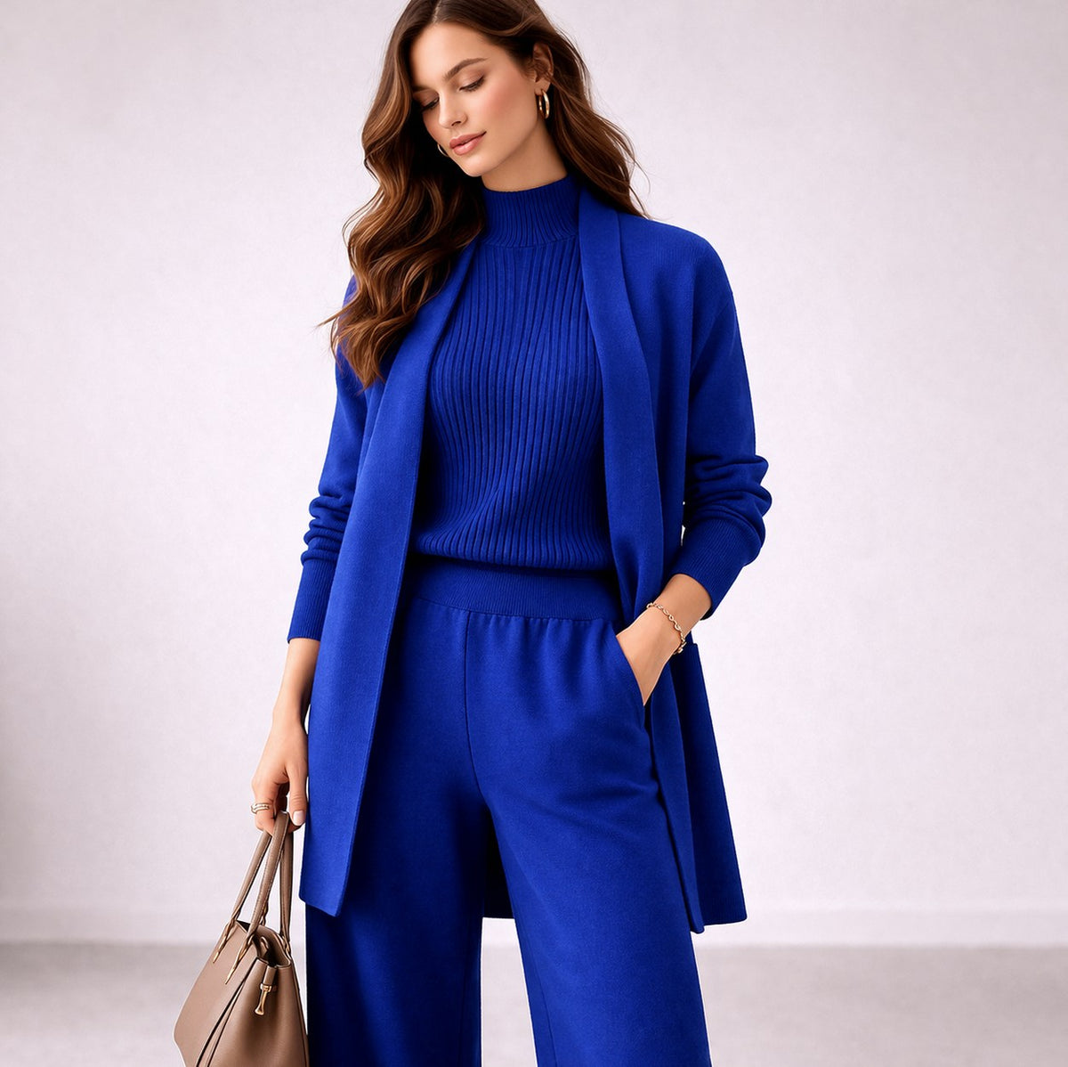 Ribbed Knit Three Piece Cardigan Set in Blue