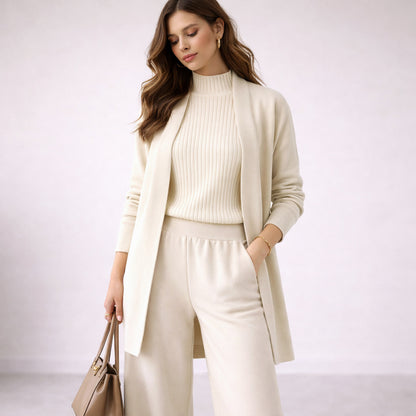 Ribbed Knit Three Piece Cardigan Set in White