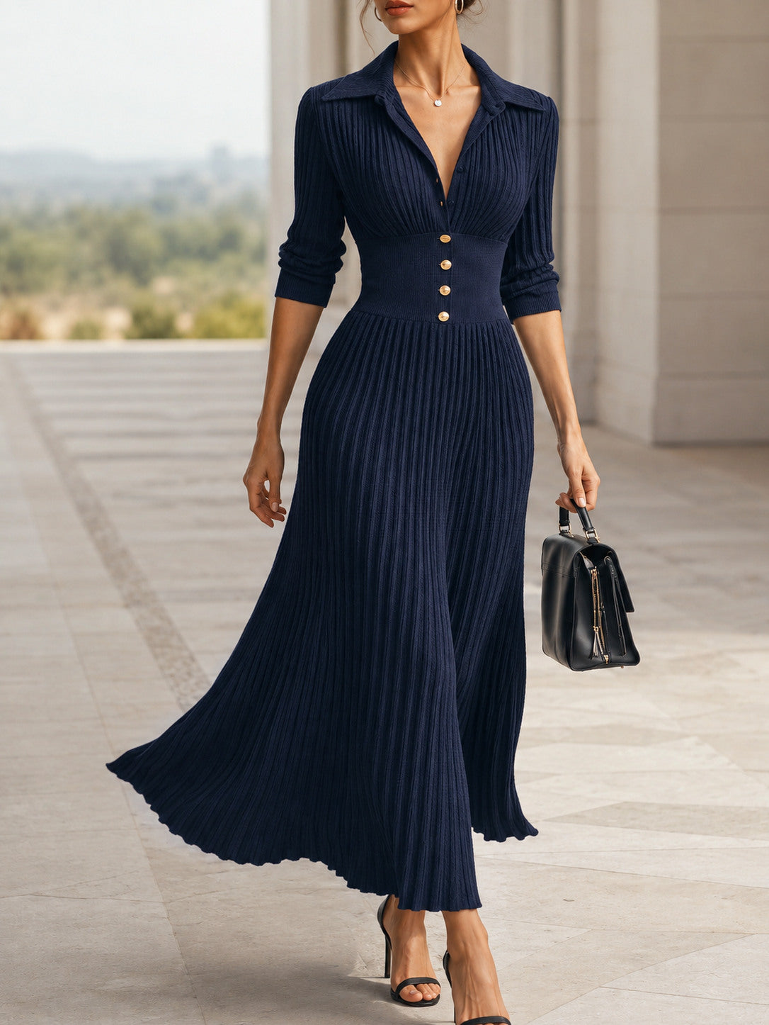 Ribbed Knit Collared V Neck Maxi Dress in Navy