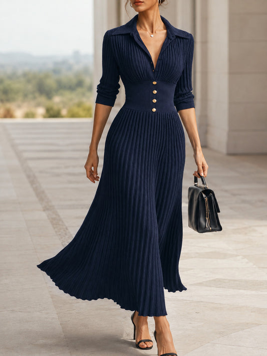 Ribbed Knit Collared V Neck Maxi Dress in Navy