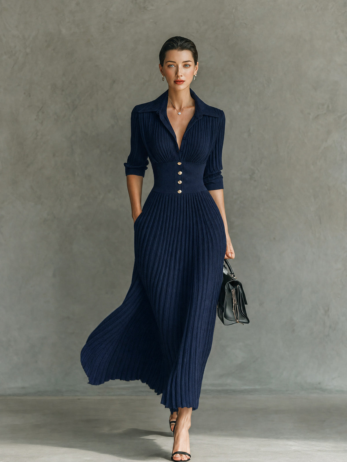 Ribbed Knit Collared V Neck Maxi Dress