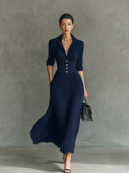 Ribbed Knit Collared V Neck Maxi Dress