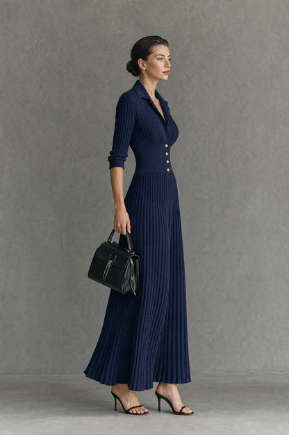Ribbed Knit Collared V Neck Maxi Dress
