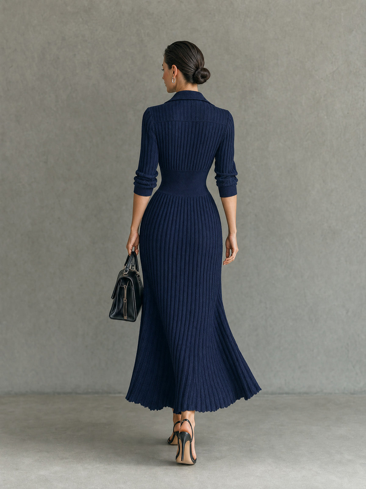 Ribbed Knit Collared V Neck Maxi Dress