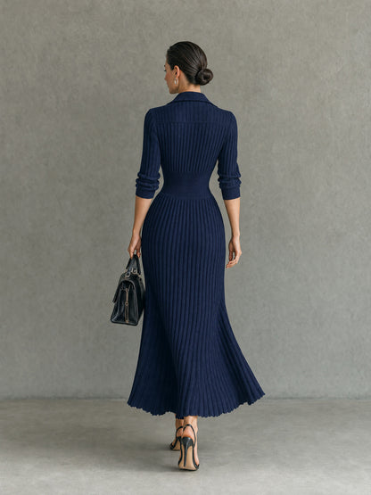 Ribbed Knit Collared V Neck Maxi Dress
