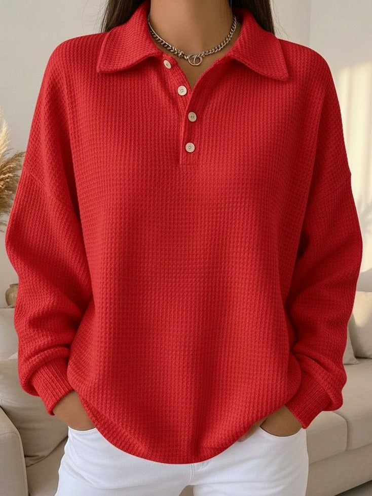 Waffle Knit Collared Sweater in Red