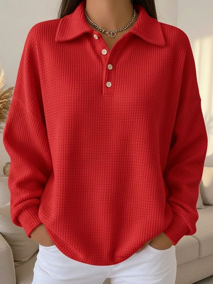 Waffle Knit Collared Sweater in Red