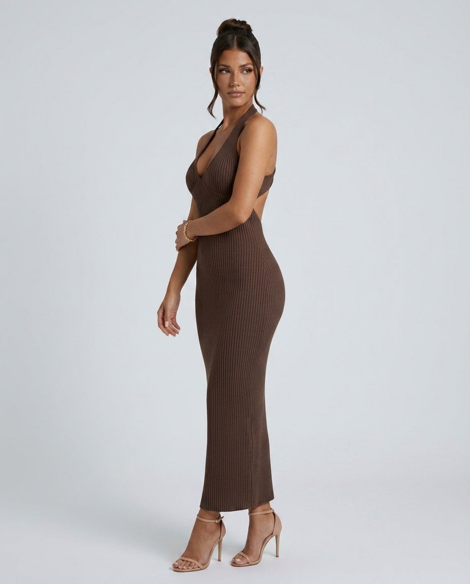 Ribbed Knit Halter Maxi Dress in Brown