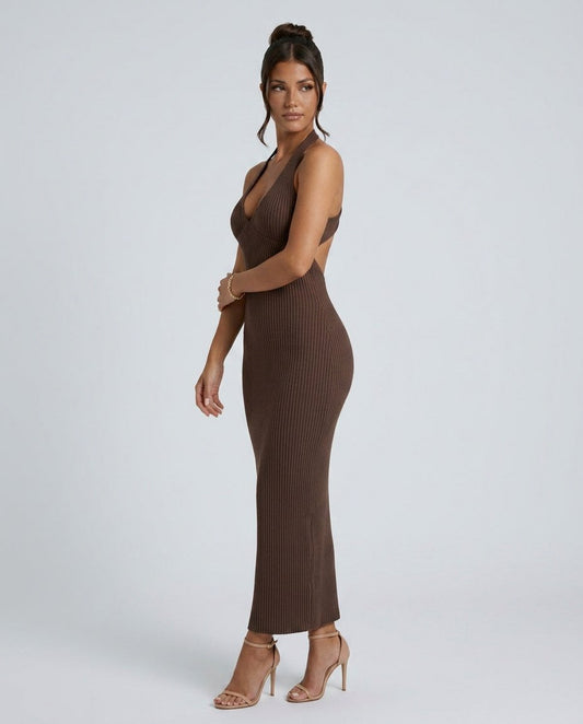 Ribbed Knit Halter Maxi Dress in Brown