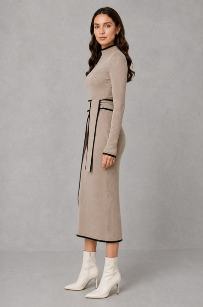 Ribbed Mock Neck Belted Midi Sweater Dress