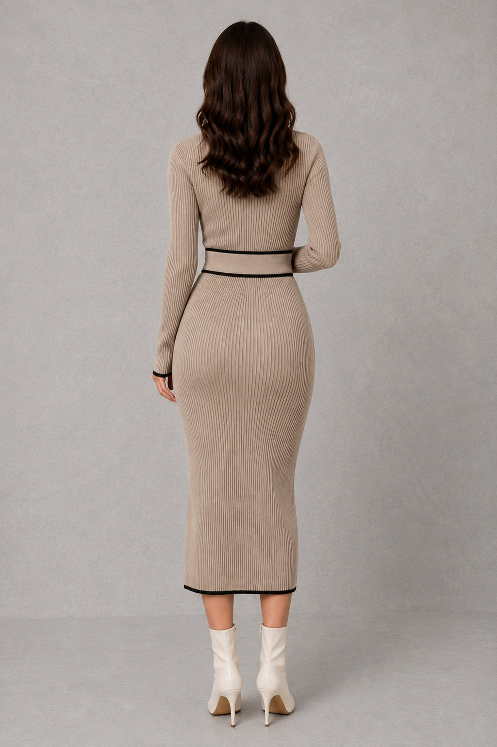 Ribbed Mock Neck Belted Midi Sweater Dress