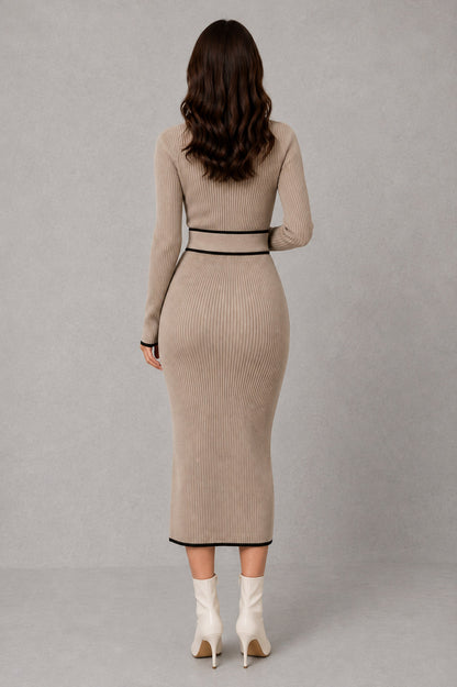 Ribbed Mock Neck Belted Midi Sweater Dress