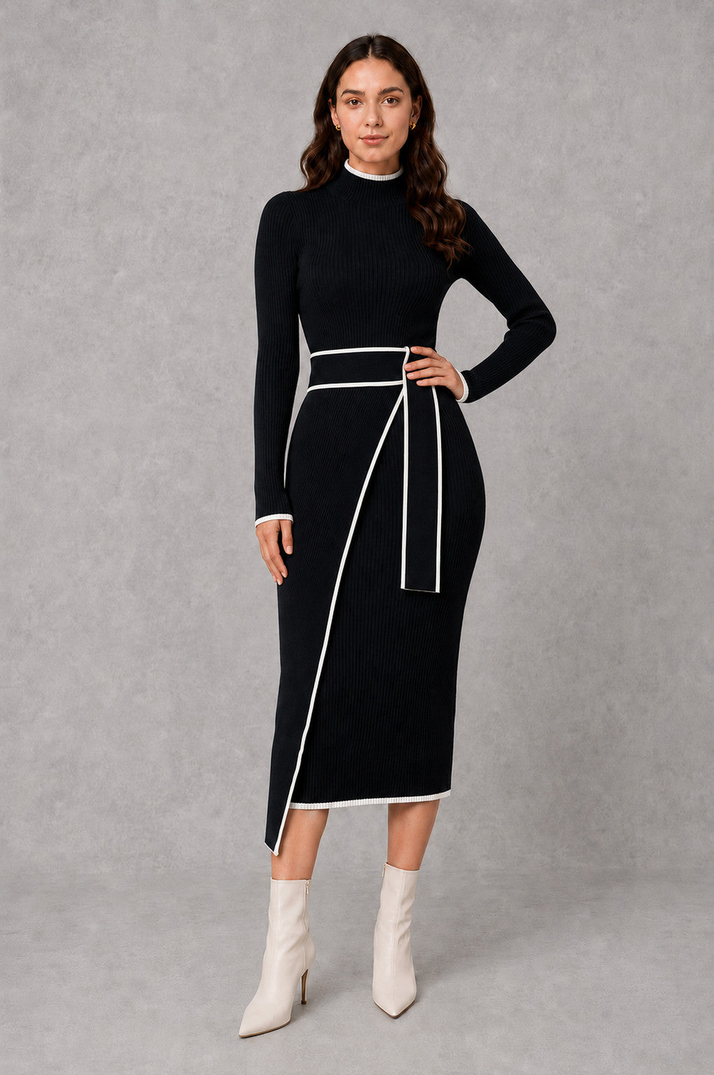 Ribbed Mock Neck Belted Midi Sweater Dress in Black