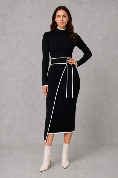 Ribbed Mock Neck Belted Midi Sweater Dress in Black