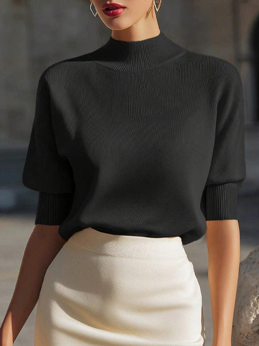 Ribbed Mock Neck Knit Top in Black