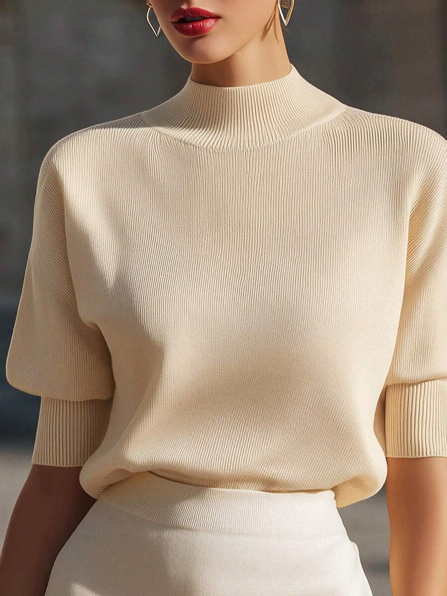 Ribbed Mock Neck Knit Top in Beige