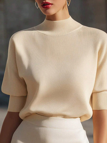 Ribbed Mock Neck Knit Top in Beige