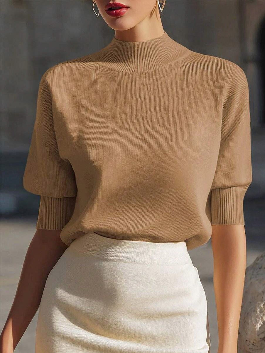 Ribbed Mock Neck Knit Top in Khaki