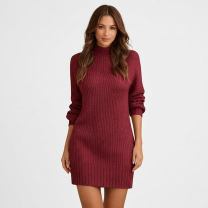 Ribbed Mock Neck Sweater Dress in Burgundy