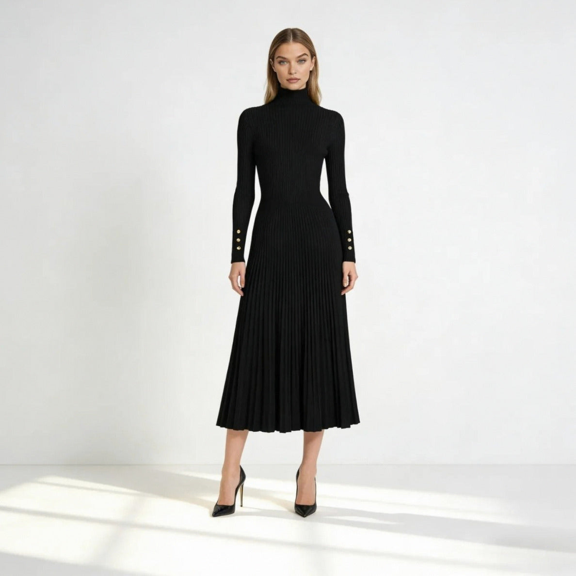 Ribbed Turtleneck Pleated Midi Sweater Dress in Black